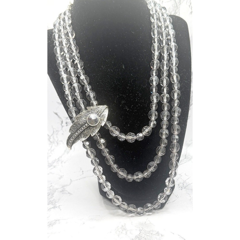 Layered Gray Bead Necklace 3 Strand Leaf Rhinestone‎ Accent 18-24"